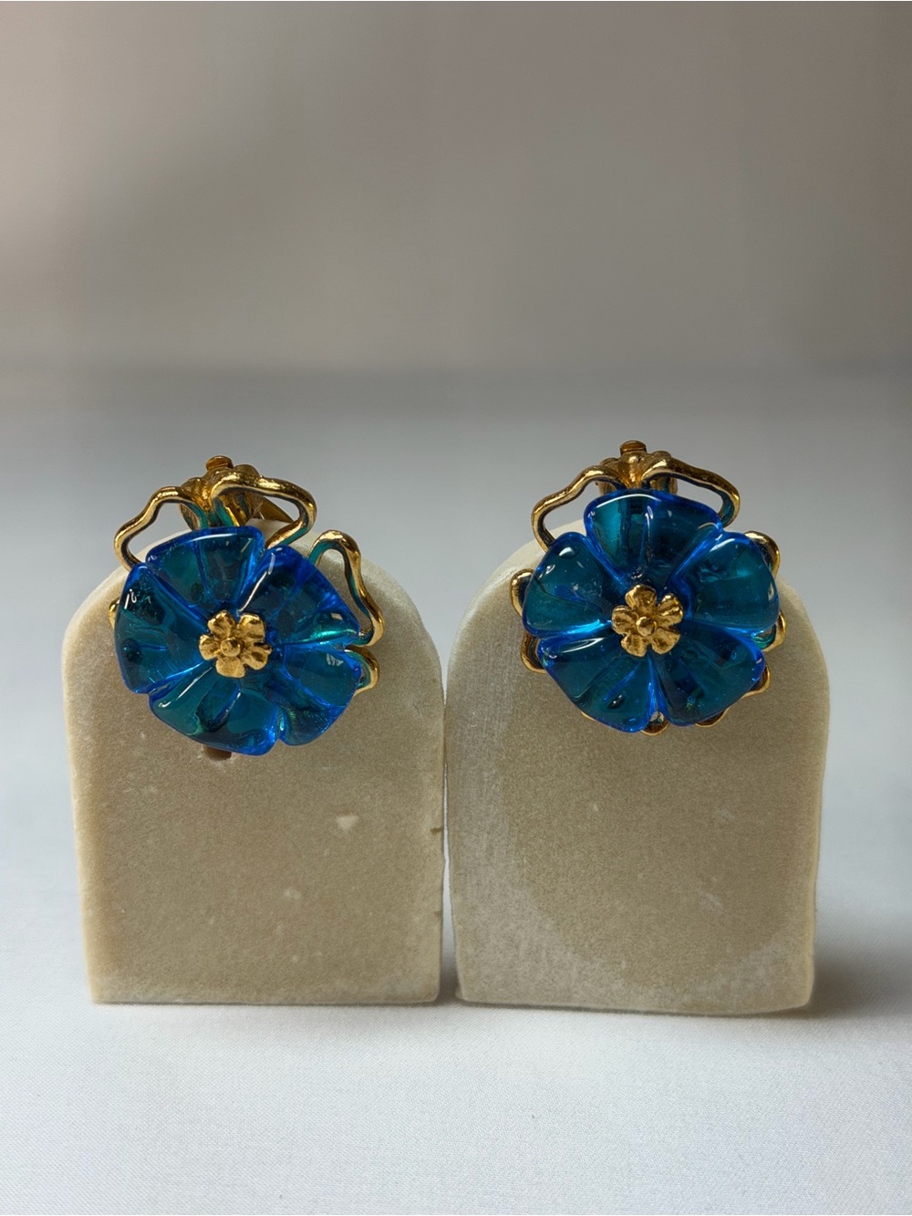Vintage KENZO Paris Blue Flower Clip-On Earrings Signed